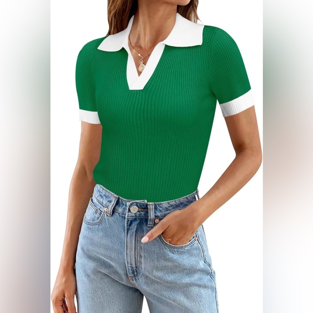 NWT Green & White Ribbed Collared Sweater Top | Slim Fit Knit | Small - Picture 2 of 4